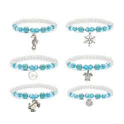 Synthetic Turquoise 6Pcs 6 Style Synthetic Turquoise & Glass Beaded Stretch Bracelets Set, Sea Horse & Helm & Tortoise & Crab & Shell Shape Zinc Alloy Charms Stackable Bracelets for Women, Inner Diameter: 2 inch(5.1cm), 1Pc/style