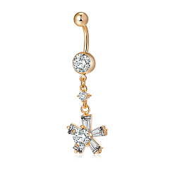 Clear Piercing Jewelry, Brass Cubic Zirconia Navel Ring, Belly Rings, with Surgical Stainless Steel Bar, Cadmium Free & Lead Free, Real 18K Gold Plated, Flower, Clear, 49x14mm, Bar: 15 Gauge(1.5mm), Bar Length: 3/8"(10mm)