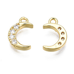 Real 18K Gold Plated Brass Micro Pave Clear Cubic Zirconia Charms, Nickel Free, Moon, Real 18K Gold Plated, 12x8x2mm, Hole: 1.2mm