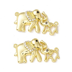 Light Gold Brass Micro Pave Clear & Black Cubic Zirconia Connector Charms, Mother and Son Elephants, Light Gold, 13x25x4mm, Hole: 1mm