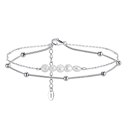 Real Platinum Plated Rhodium Plated 925 Sterling Silver Double Layered Chain Anklet with Natural Freshwater Pearls, Women's Jewelry for Summer Beach, with S925 Stamp, Real Platinum Plated, 8-5/8 inch(22cm)