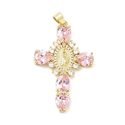 Pearl Pink Rack Plating Brass Micro Pave Cubic Zirconia Pendants, Cadmium Free & Lead Free, Real 18K Gold Plated, Cross with Saint, Pearl Pink, 45.5x29x6mm, Hole: 4x6mm