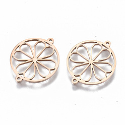 Rose Gold 304 Stainless Steel Links Connectors, Laser Cut, Flat Round with Hollow Flower, Rose Gold, 15x18x1mm, Hole: 0.8mm