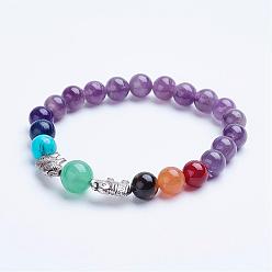 Amethyst Natural Amethyst Beaded Stretch Bracelets, with Alloy Spacer Beads, Elephant, Antique Silver, 1-7/8 inch(47mm)