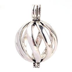 Antique Silver Rack Plating Brass Cage Pendants, For Chime Ball Pendant Necklaces Making, Hollow Round, Antique Silver, 34x22.5x22.5mm, Hole: 3x6mm, inner measure: 19mm
