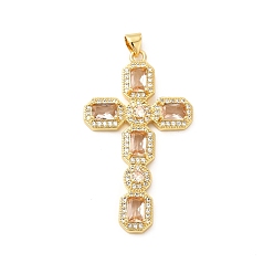 PeachPuff Rack Plating Brass Pendants, with Glass Cubic Zirconia, Religion Cross Charm, Cadmium Free & Lead Free, Long-Lasting Plated, Real 18K Gold Plated, PeachPuff, 46x26x4mm, Hole: 5X3mm