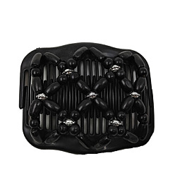 Black Plastic Hair Bun Maker, Stretch Double Hair Comb, with Wood Beads and Metal Findings, Black, 80x105mm