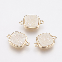 AB Color Plated Natural Druzy Agate Links connectors, with Brass Findings, Square, Golden, AB Color Plated, 16x11x3.5~4mm, Hole: 1mm