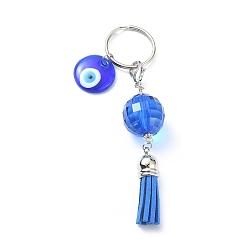 Blue Lampwork Evil Eye Keychain, Faux Suede Tassel Keycahin, with Acrylic Beads, Iron Split Key Rings, Blue, 10.7cm