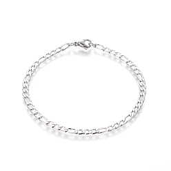 Stainless Steel Color 304 Stainless Steel Figaro Chain Bracelets, with Lobster Claw Clasps, Stainless Steel Color, 8-1/8 inch(20.5cm), 4mm