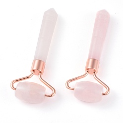 Rose Quartz Natural Rose Quartz Massage Tools, Facial Rollers, with Brass Findings, Rose Gold, 95x40x18mm
