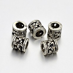 Antique Silver Tibetan Style Alloy Hollow Column with Flower Large Hole European Beads, Large Hole Beads, Lead Free & Cadmium Free & Nickel Free, Antique Silver, 6x6mm, Hole: 4mm