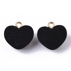 Black Flocky Acrylic Pendants, with Brass Loops, Heart, Golden, Black, 18.5x18x13mm, Hole: 2.5mm