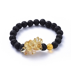 Citrine Natural Lava Rock Round Beads Stretch Bracelets, with Natural Citrine(Dyed & Heated) Chips and Brass Beads, Golden, Inner Diameter: 2 inch(5cm)