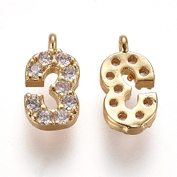 Number Brass Micro Pave Clear Cubic Zirconia Charms, Number, Golden, Num.3, 9.5~10x4~6.5x2mm, Hole: 0.8mm