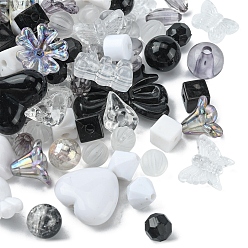 Black Opaque & Transparent Acrylic Beads, Mixed Shapes, Black, 7.5~33x7.5~43.5x4.5~16mm, Hole: 1.2~4mm, about 50g/bag