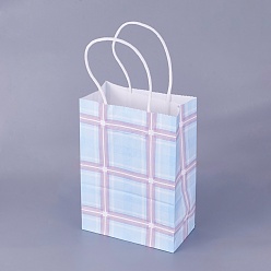 Light Blue Kraft Paper Bags, with Handles, Gift Bags, Shopping Bags, Rectangle, Tartan Pattern, Light Blue, 21.3x14.75x7.8cm