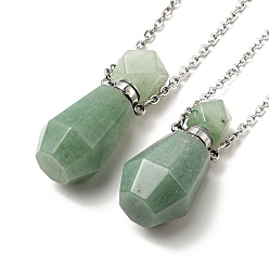 Green Aventurine Openable Faceted Natural Green Aventurine Perfume Bottle Pendant Necklaces for Women, 304 Stainless Steel Cable Chain Necklaces, Stainless Steel Color, 18.74 inch(47.6cm)