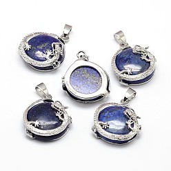 Lapis Lazuli Flat Round with Dragon Platinum Tone Brass Dyed & Heated Natural Lapis Lazuli Pendants, Cadmium Free & Lead Free, 26.5x24x9mm, Hole: 7x4mm
