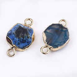 Royal Blue Electroplate Natural Agate Links connectors, with Brass Findings, Dyed, Faceted, Golden, Royal Blue, 16~20x9~12x4~8mm, Hole: 2mm
