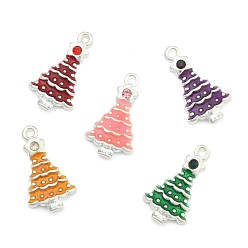 Mixed Color Alloy Enamel Pendants, Cadmium Free & Lead Free, with Rhinestones, Christmas Tree, Mixed Color, Silver Color Plated, about 21mm long, 12mm wide, 4mm thick, hole: 1.5mm