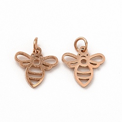 Rose Gold Ion Plating(IP) 304 Stainless Steel Pendants, with Jump Ring, Bee, Rose Gold, 8x8x0.5mm, Hole: 2mm
