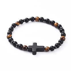 Tiger Eye Unisex Natural Tiger Eye Stretch Bracelets, with Cross Synthetic Turquoise(Dyed) Beads, Frosted Natural Black Agate(Dyed) Beads and Non-Magnetic Synthetic Hematite Beads, 2-1/8 inch(5.5cm)