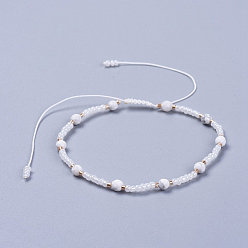 Howlite Bracelets perlés tressés avec fil de nylon réglable, avec perles de verre et perles rondes howlite naturelles à facettes, 2-1/8 pouce (5.4 cm)