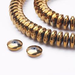 Golden Plated Electroplate Non-Magnetic Synthetic Hematite Beads Strands, Heishi Beads, Flat Round/Disc, Golden Plated, 11x4mm, Hole: 1mm, about 93pcs/strand, 15.6 inch(39.7cm)