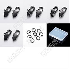 Electrophoresis Black Unicraftale 16Pcs 4 Styles 304 Stainless Steel Lobster Claw Clasps, with 16Pcs 304 Stainless Steel Open Jump Rings, Electrophoresis Black, 11~16x5.5~8x3mm, Hole: 1~1.5x1.5~2mm, 4pcs/style