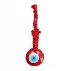 Red Flat Round with Evil Eye Resin Pendant Decorations, Cotton Cord Braided Hanging Ornament, Red, 109mm