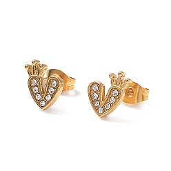 Crystal Heart with Crown 304 Stainless Steel Rhinestone Stud Earrings, 316 Surgical Stainless Steel Pin Ear Studs, with Ear Nuts, Golden, Crystal, 9x7.5mm, Pin: 0.7mm