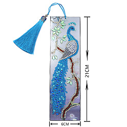 Peacock DIY Diamond Painting Kits For Bookmark Making, including Bookmark, Tassel, Resin Rhinestones, Diamond Sticky Pen, Tray Plate and Glue Clay, Rectangle, Peacock Pattern, 210x60mm