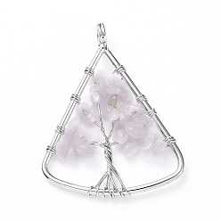 Rose Quartz Long-Lasting Plated Brass Pendants, Wire Wrapped Pendants, with Natural Rose Quartz Chips, Triangle with Tree, Platinum, 39~40x30~31x4~8mm, Hole: 4.5mm