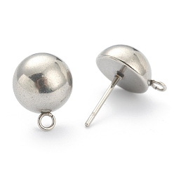 Stainless Steel Color 202 Stainless Steel Stud Earring Findings, with Loop, Half Round, Stainless Steel Color, 12.5x10mm, Hole: 1.5mm, Pin: 0.8mm