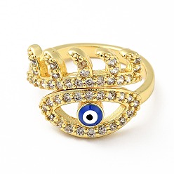 Blue Enamel Horse Eye Open Cuff Ring with Clear Cubic Zirconia, Gold Plated Brass Jewelry for Wome, Lead Free & Cadmium Free, Blue, US Size 7(17.3mm)