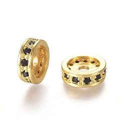 Golden Brass Micro Pave Cubic Zirconia Spacer Beads, Long-Lasting Plated, Flat Round, Black, Golden, 12x4mm, Hole: 2mm