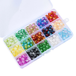 Mixed Color Transparent Crackle Glass Bead Strands, Round, Mixed Color, 8x7.5mm, Hole: 1.2mm, 15 Colors, 22~23Pcs/color, about 330~345Pcs/box