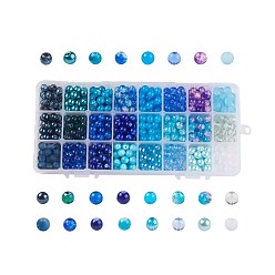Blue Mixed Style Glass Beads, Round, 24 Colors, Gradient Color, Blue, 8~8.5mm, Hole: 1.3~1.6mm, about 27~30pcs/compartment, 648~720pcs/box