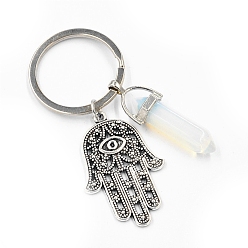 Opalite Opalite Pendant Keychains, with Alloy Pendants and Iron Rings, Bullet Shape with Hamsa Hand, 7.2cm
