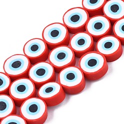 Crimson Handmade Polymer Clay Beads Strands, Flat Round with Evil Eye, Crimson, 8~11x4mm, Hole: 1.2mm, about 40pcs/strand, 13.98 inch~ 15.35inch(35.5cm~39cm)