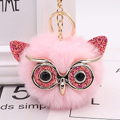 Pink Pom Pom Ball Keychain, with KC Gold Tone Plated Alloy Lobster Claw Clasps, Iron Key Ring and Chain, Owl, Pink, 12cm
