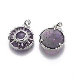 Amethyst Natural Amethyst Pendants, with Brass Findings, Flat Round with Sun and Moon, Platinum, 32x27~27.5x7~7.5mm, Hole: 4x6mm