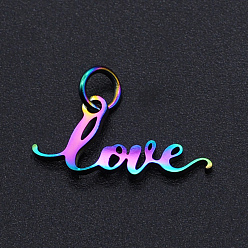 Rainbow Color Ion Plating(IP) 201 Stainless Steel Pendants, for Valentine's Day, with Jump Rings, Word Love, Rainbow Color, 8x18x1mm, Hole: 3mm