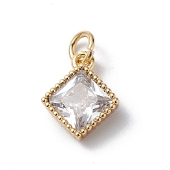 Clear Brass Cubic Zirconia Pendants, Cadmium Free & Lead Free, Real 18K Gold Plated, Long-Lasting Plated, with Jump Ring, Rhombus Charm, Clear, 11.5x9.5x3mm, Hole: 3mm