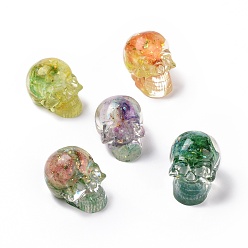 Mixed Color Natural Fluorite Skull Beads, Halloween Transparent Resin Skull with Gold Foil, No Hole, Mixed Color, 23x22x25mm