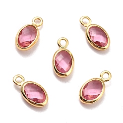 Indian Red Eco-Friendly Brass with Glass Pendants,  Long-Lasting Plated, Lead Free & Cadmium Free & Nickel Free, Oval, Real 18K Gold Plated, Indian Red, 9x4.5x2mm, Hole: 1.2mm