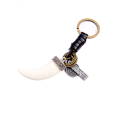 Tool Punk Style Woven Cow Leather Alloy Pendant Keychain, for Car Key Pendant, Scabbard/Tusk Pattern, 14cm