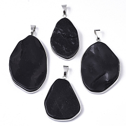 Black Stone Natural Black Stone Pendants, with Platinum Tone Brass Edge and Iron Snap on Bails, Nuggets, 36~65x23~43x5~13mm, Hole: 5x9mm