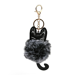 Dark Gray Cute Cat PU Leather & Imitate Rex Rabbit Fur Ball Keychain, with Alloy Clasp, for Bag Car Key Decoration, Dark Gray, 18cm
